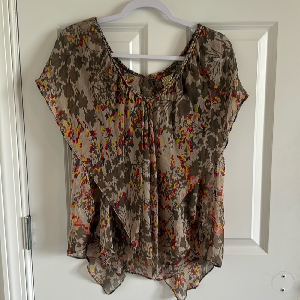 100% Silk Anthropologie Postella boho Floral Wales City Silk Flutter Top Small